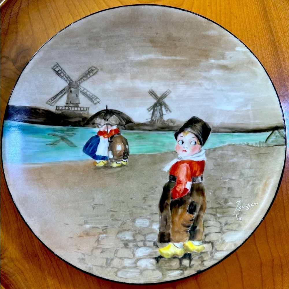 Very Rare Weimar Germany Signed Ceramic 8.5" Plate Dutch Boy & Women By River